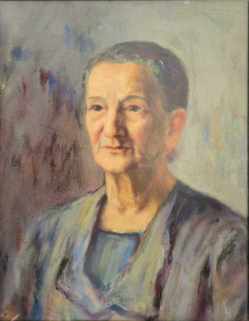 Subjekti: Eleni Nushi Autori: Lorenzo Collura Viti: 1946 Teknika: Vaj mbi pëlhurë Përmasat: 51 x 39 cm *Portreti botohet për herë të parë