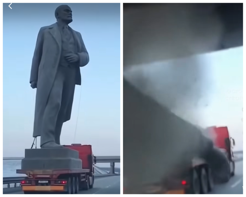 Foto ilustruese nga videot e krijuara me Inteligjencë Artificiale që tregojnë thyerjen gjatë transportimit të një statuje të Leninit