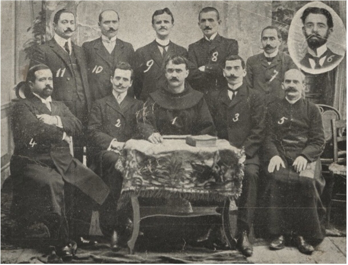 The core commission of the Congress of Manastir: Gjergj Fishta 2. Mid’hat Frashëri 3. Luigj Gurakuqi 4. Gjergj Qiriazi 5. Dom Ndre Mjeda 6. Grigor Cilka 7. Dhimitër Buda 8. Shahin Kolonja 9. Sotir Peci 10. Bajo Topulli 11. Nyz’het Vrioni-Photo by Kel Marubi, 1908