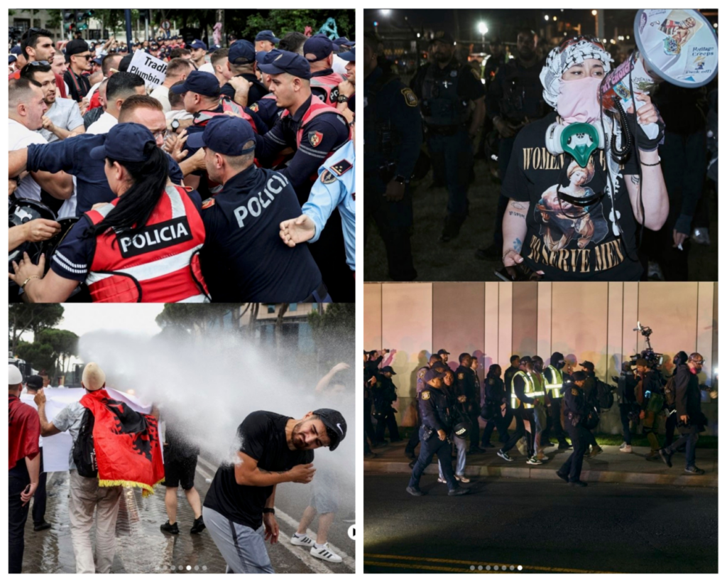 Fotot majtas nga protesta në Tiranë dhe fotot djathtas megjithëse paraqiten si autentike nuk kanë lidhje me protestën